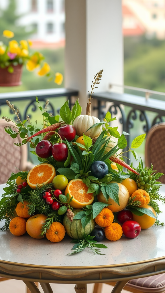 A vibrant centerpiece made of seasonal fruits and herbs on a table.